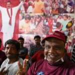 Supporters of Prime Minister Mahinda Rajapaksa celebrate election win near his home in the southern town of Tangalle, Sri Lanka [Lakruwan Wanniarachchi/AFP]