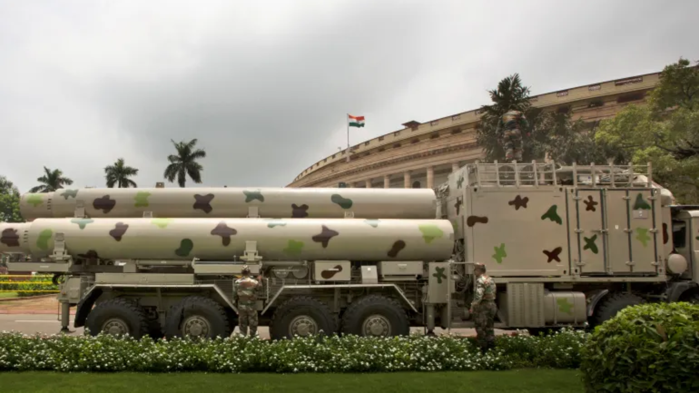 The BrahMos missile, a nuclear-capable, land-attack cruise missile.
