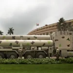 The BrahMos missile, a nuclear-capable, land-attack cruise missile.