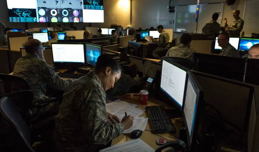 In December 2, 2017, cyber warfare operators monitor cyber attacks at Warfield Air National Guard Base in Middle River, MD.