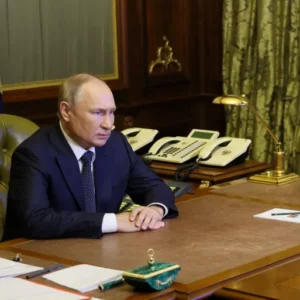 Vladimir Putin, the Russian President, participates in a virtual Security Council meeting from Saint Petersburg, Russia.