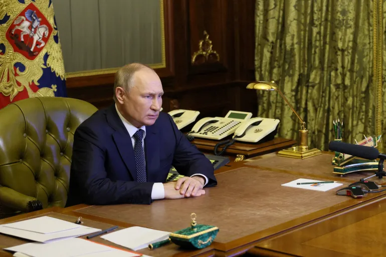 Vladimir Putin, the Russian President, participates in a virtual Security Council meeting from Saint Petersburg, Russia.