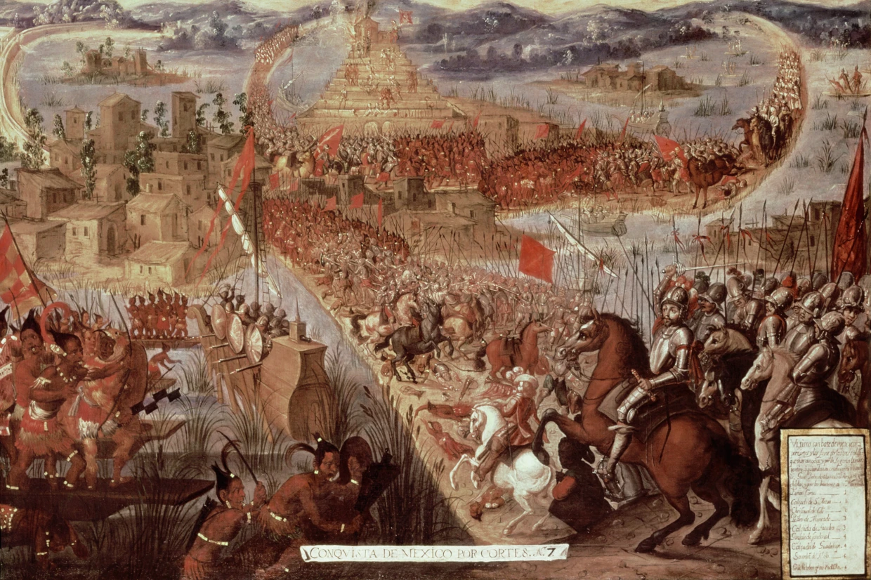 The Taking of Tenochtitlán by Cortés, 1521, a key event in the Spanish conquest of Mexico. [Image Credits: Getty Images]