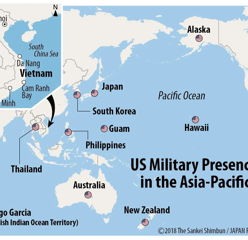 The presence of the US military bases in the Indian and Pacific oceans. [Image Source: Japan Forward]
