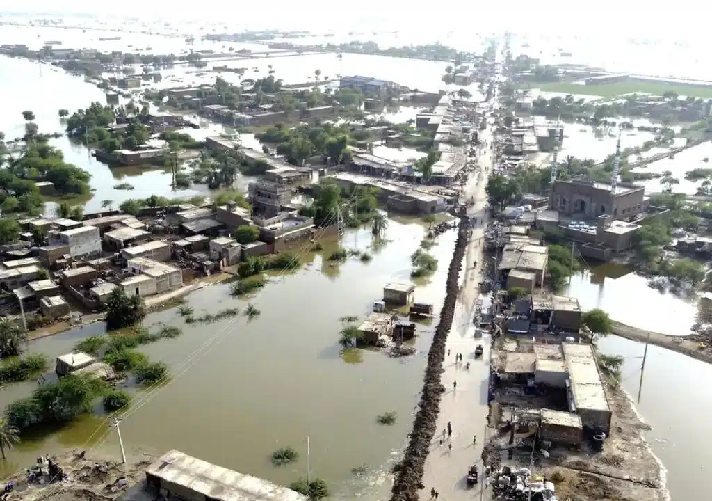 Gwadar's climate challenge: Aerial view of Gwadar, Balochistan, submerged under floodwaters after unprecedented rainfall, highlighting the catastrophic flooding