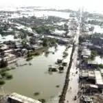 Gwadar's climate challenge: Aerial view of Gwadar, Balochistan, submerged under floodwaters after unprecedented rainfall, highlighting the catastrophic flooding