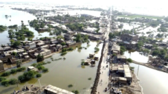 Gwadar's climate challenge: Aerial view of Gwadar, Balochistan, submerged under floodwaters after unprecedented rainfall, highlighting the catastrophic flooding