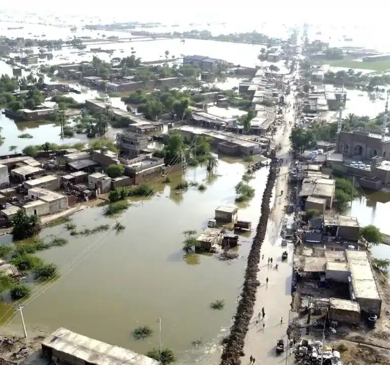 Gwadar's climate challenge: Aerial view of Gwadar, Balochistan, submerged under floodwaters after unprecedented rainfall, highlighting the catastrophic flooding