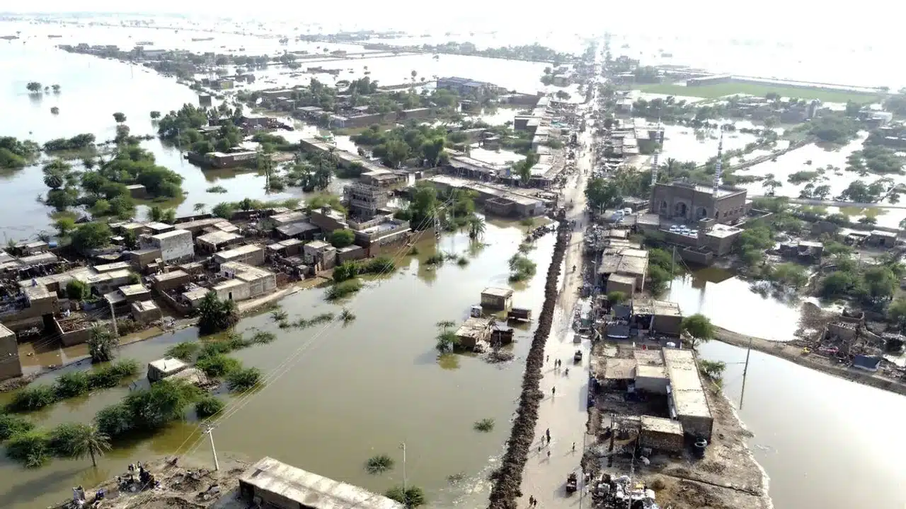Gwadar's climate challenge: Aerial view of Gwadar, Balochistan, submerged under floodwaters after unprecedented rainfall, highlighting the catastrophic flooding