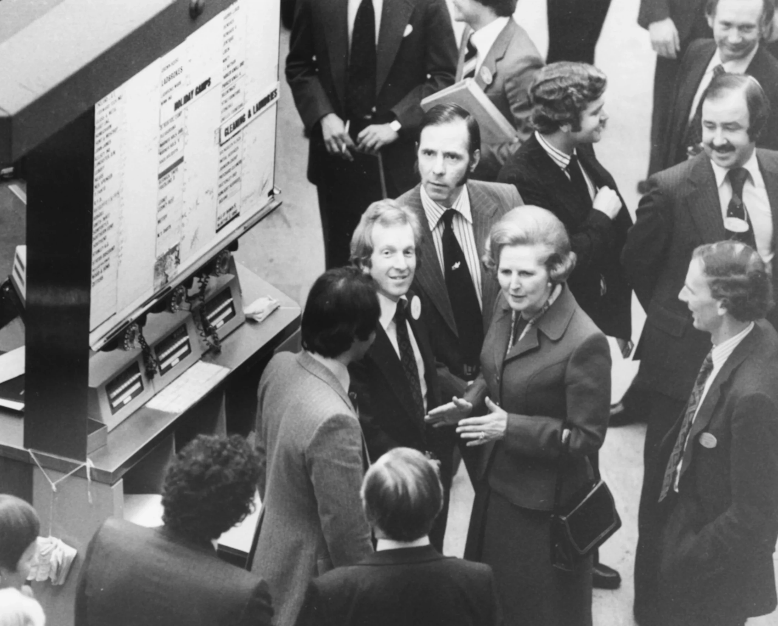 Thatcher and her colleagues in a hurry to privatize, clearing debts, writing them off, and selling off industries cheaply. [Image credit: Getty Images]