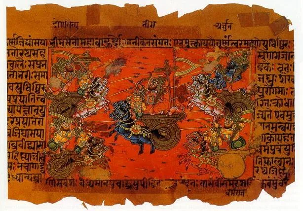 A manuscript illustration of the Battle of Kurukshetra, fought between the Kauravas and the Pandavas, recorded in the Mahabharata Epic [Google Images].
