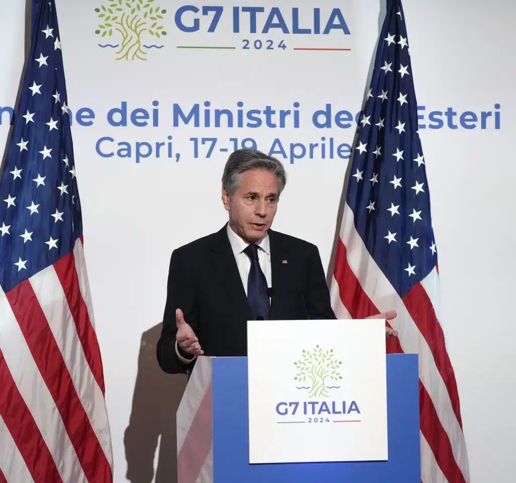 U.S. Secretary of States Antony Blinken meets journalists during a press conference at the G7 Foreign Ministers Meeting on Capri Island, Italy, Friday, 19 April 2024 [AP Images] 