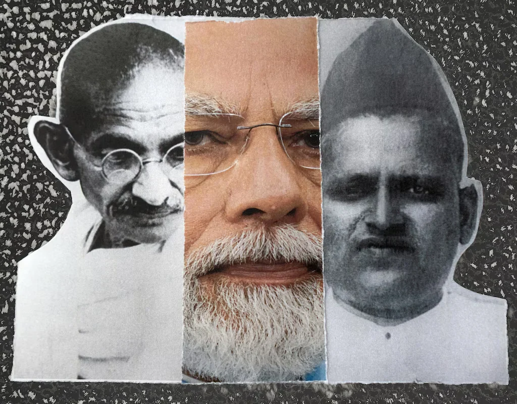 Erosion of India's democracy: Mohandas K. Gandhi, India's Prime Minister Narendra Modi and Hindu extremist Nathuram Godse, who assassinated Gandhi. [Washington Post illustration; AP]