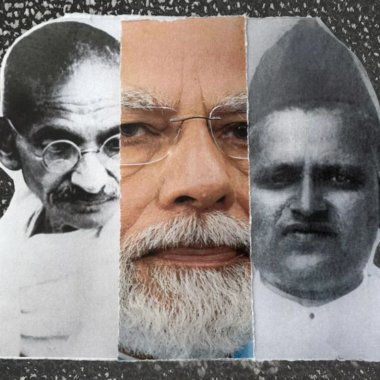 Erosion of India's democracy: Mohandas K. Gandhi, India's Prime Minister Narendra Modi and Hindu extremist Nathuram Godse, who assassinated Gandhi. [Washington Post illustration; AP]