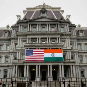 US-India flags fly at the White House. Since 2014, political metamorphosis of India under the BJP has diverged toward a Hindu-centric identity [Image via Reuters].
