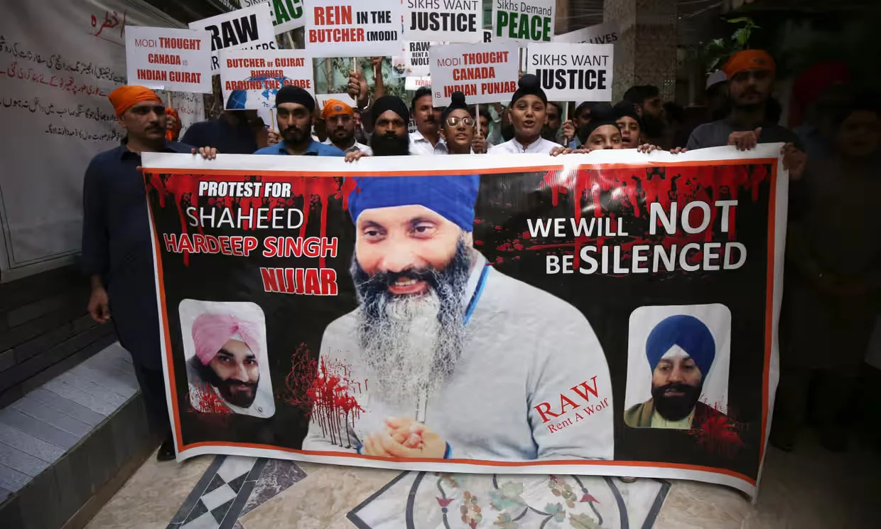 In Lahore last September, Pakistani Sikhs protested Hardeep Singh Nijjar's killing in Canada [Image via Bilawal Arbab/EPA via The Guardian]