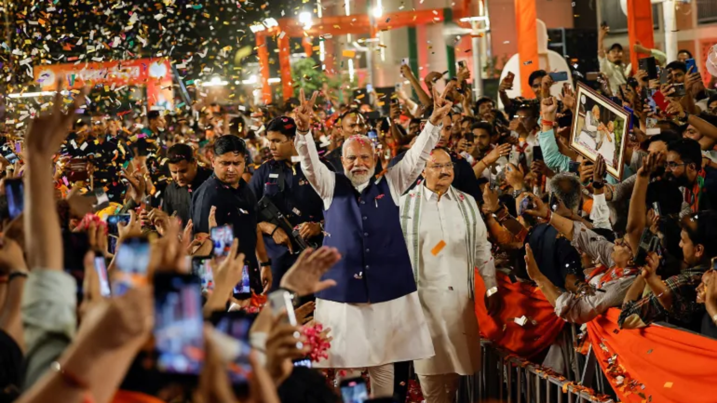 Modi's victory: Narendra Modi arrives at BJP headquarters in New Delhi on June 4. [Image via Adnan Abidi/Reuters]