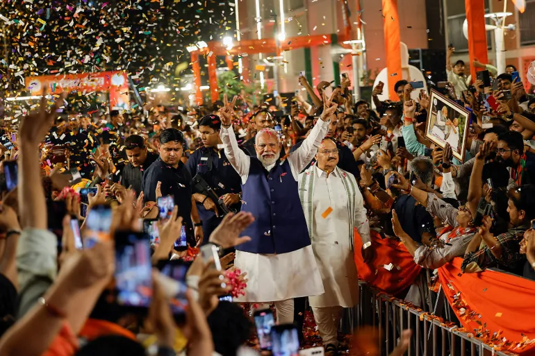Modi's victory: Narendra Modi arrives at BJP headquarters in New Delhi on June 4. [Image via Adnan Abidi/Reuters]