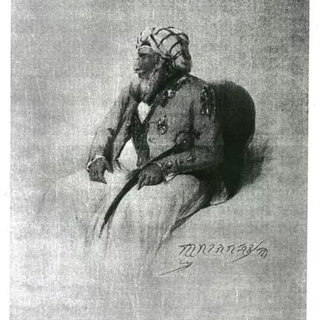 Portrait of Raja Gulab Singh, reproduced from "Recollections of India", drawn on stone by J.D. Harding, 1847 [Image via Frontline India].