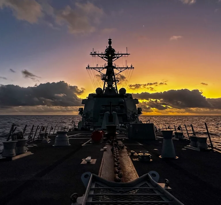 The USS Rafael Peralta (DDG 115), an Arleigh Burke-class destroyer, transits the Indian Ocean, supporting U.S. and ally security in the Indo-Pacific [Image via U.S. Navy by Mass Communication Specialist 2nd Class Colby A. Mothershead, July 2023].