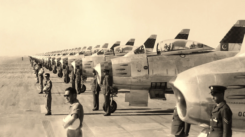 Wing Commander Zafar Masud led the Sixteen Sabres Loop in Mauripur on February 2, 1958, with pilots lined up for the display. [Image via PAF]