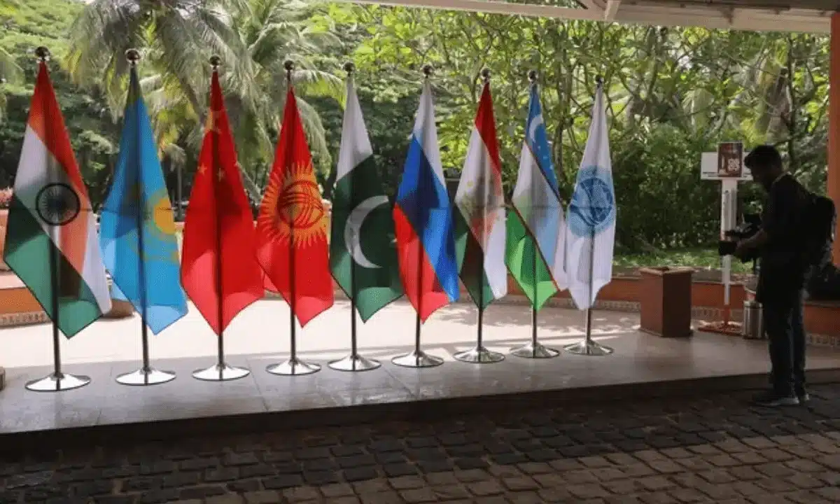 The flags of current full member countries of the SCO [Reuters]