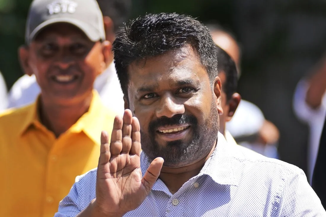 Leader and the presidential candidate of National People's Power Anura Kumara Dissanayake arrives at a polling station to cast his vote in Colombo, Sri Lanka, on Saturday. [AP]