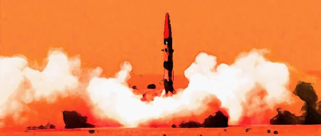 A missile launch amid clouds of smoke, representing Pakistan's missile program against an intense orange backdrop.