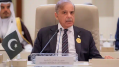 Prime Minister Shehbaz Sharif reaffirms Pakistan's support for an independent Palestinian state at the Arab-Islamic summit in Riyadh. [Image via Arab News]