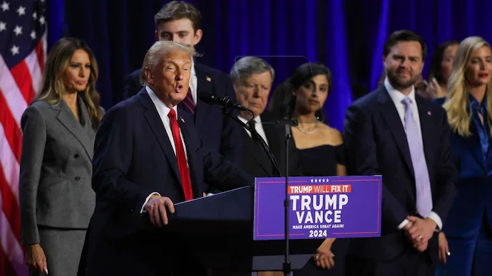 Donald Trump speaks at the Palm Beach County Convention Center following early results from the 2024 U.S presidential election [Reuters]