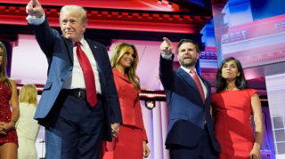 President-elect Trump with Melania, Senator JD Vance, and wife Usha at the RNC in Milwaukee, July 18. [Image via Carolyn Kaster / AP].