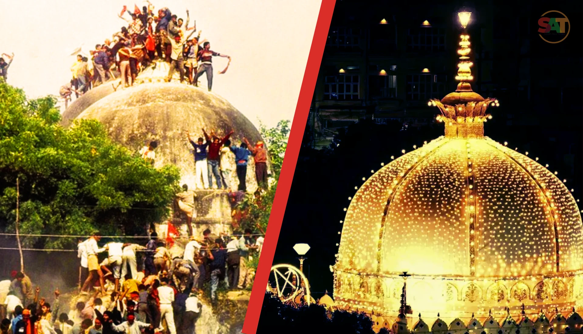 Tensions rise as Ajmer Sharif faces legal claims, echoing the Babri Masjid dispute and targeting Muslim heritage sites. [Image via SAT Creatives]