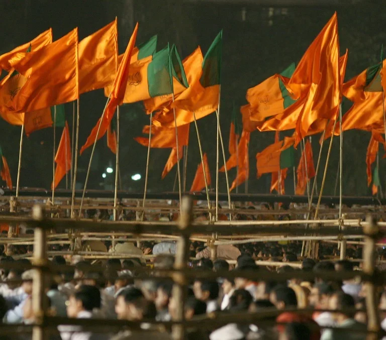Saffron shadows are now coloring India’s political discourse, but the script is anything but profound. It’s more Bollywood than reality. [Image via Hindutva Watch]