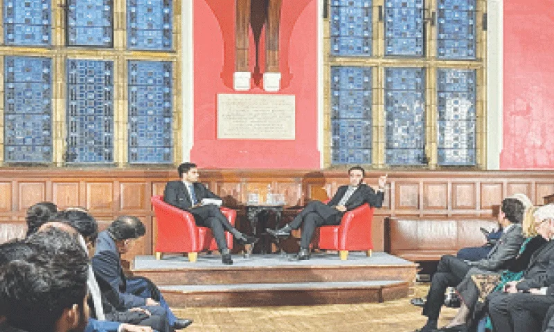 Bilawal Bhutto-Zardari criticizes Western hypocrisy on nuclear weapons in Oxford Union speech, honoring Benazir Bhutto’s legacy. [Courtesy Farid Qureshi]