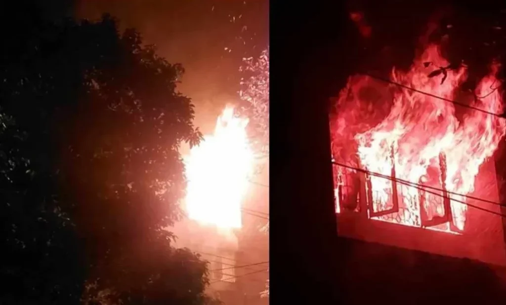 Protesters set fire to Sheikh Hasina's Sudha Sadan, clash at Bangabandhu's residence amid ongoing unrest in Dhaka. [Image via Bangla Tribune]