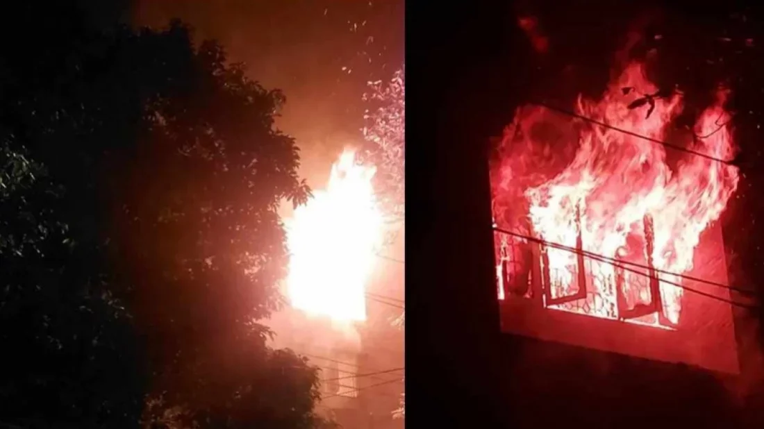 Protesters set fire to Sheikh Hasina's Sudha Sadan, clash at Bangabandhu's residence amid ongoing unrest in Dhaka. [Image via Bangla Tribune]