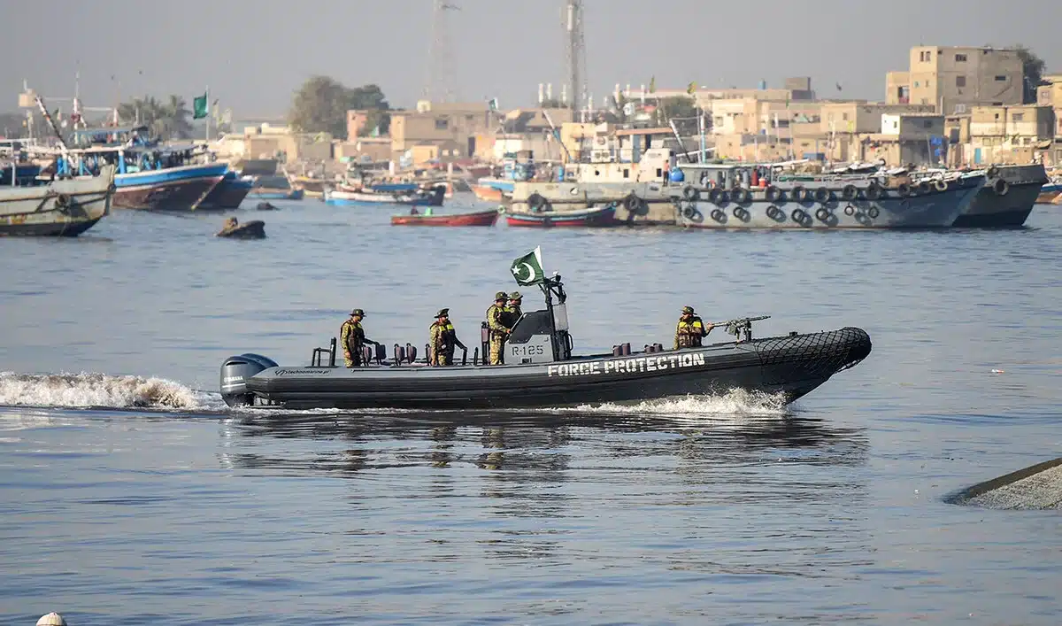 Pakistani navy patrol during a flag hoisting ceremony of multinational naval exercise AMAN-25 in Karachi on February 7, 2025. [Arab News / AFP].