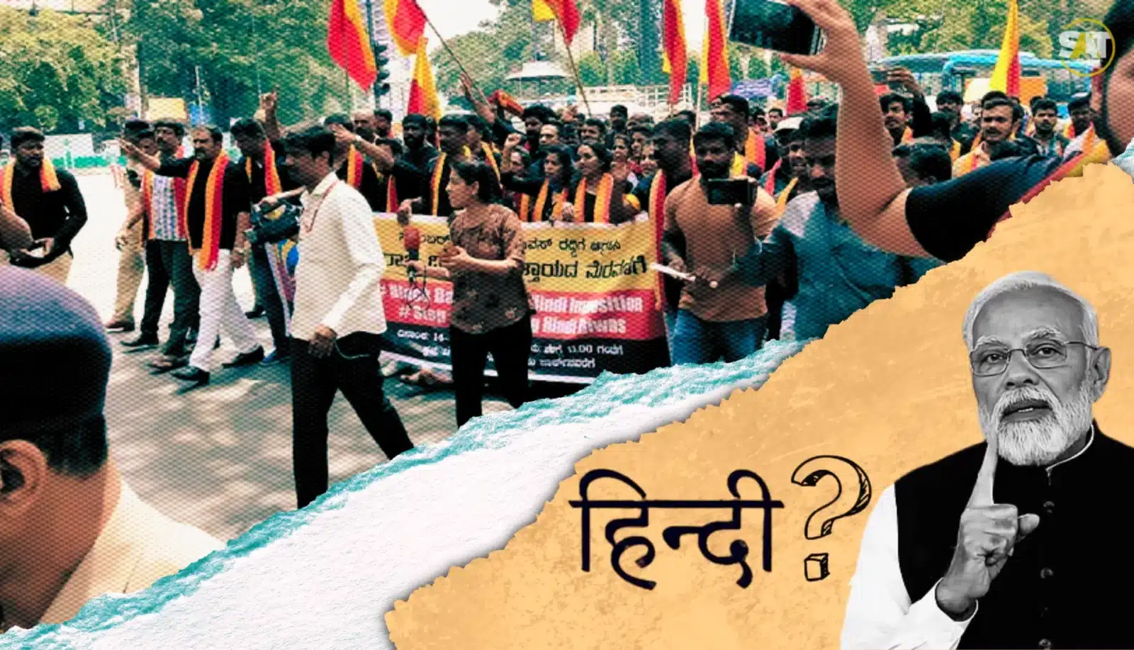 South and East India push back against BJP's Hindi imposition, defending linguistic freedom and cultural identity. [Image via SAT Creatives]