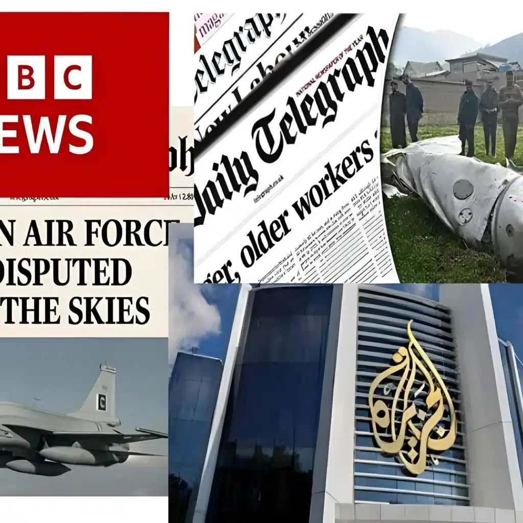 International media coverage including BBC News, The Daily Telegraph, and Al Jazeera, showcasing Pakistan's military strength and narrative success in a recent conflict.