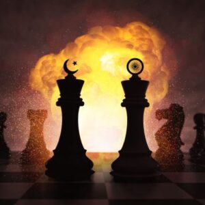 Chess pieces with Pakistan and India symbols face off amid an explosion, symbolizing rising tensions and Pakistan’s full-spectrum diplomacy manoeuvre. [Image via The Diplomat].