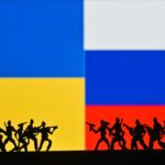 Ukrainian and Russian flags with soldier silhouettes representing ongoing conflict. [Image via Atlantic Council].