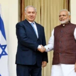 Narendra Modi and Benjamin Netanyahu shaking hands during India-Israel diplomatic meeting, symbolizing strategic partnership and defence cooperation between India and Israel