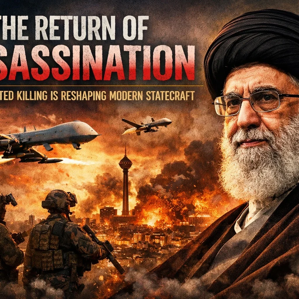 The poster featuring the slayed Iranian Supreme Leader Ali Khamenei, military drones, and soldiers over a city in flames.