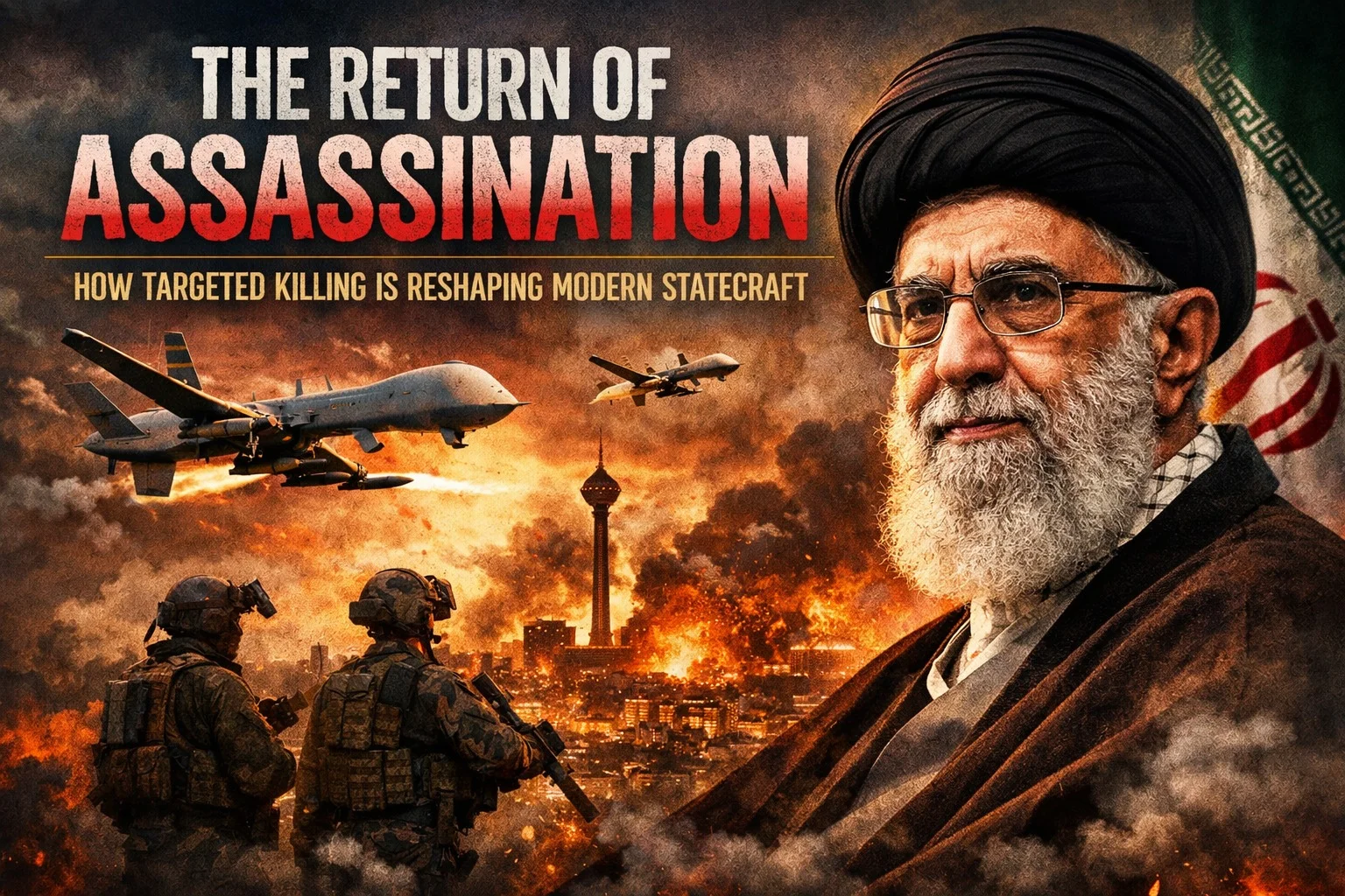 The poster featuring the slayed Iranian Supreme Leader Ali Khamenei, military drones, and soldiers over a city in flames.