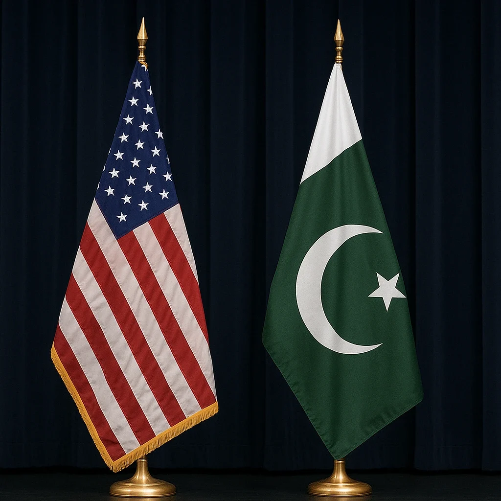 Flags of the United States and Pakistan illustrating growing US-Pakistan partnership in renewable energy, climate action, and sustainable development.