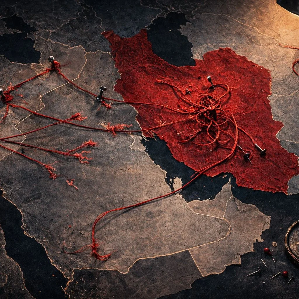 Map of the Middle East showing Iran connected by red threads to regional proxy networks across Lebanon, Gaza, Yemen, Iraq, and Syria, symbolizing Iran’s Axis of Resistance.