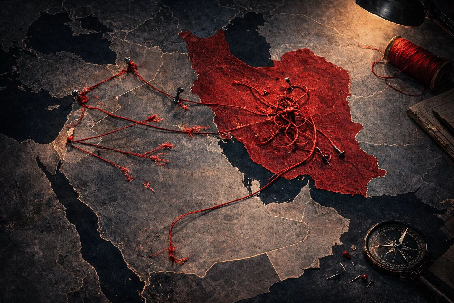 Map of the Middle East showing Iran connected by red threads to regional proxy networks across Lebanon, Gaza, Yemen, Iraq, and Syria, symbolizing Iran’s Axis of Resistance.