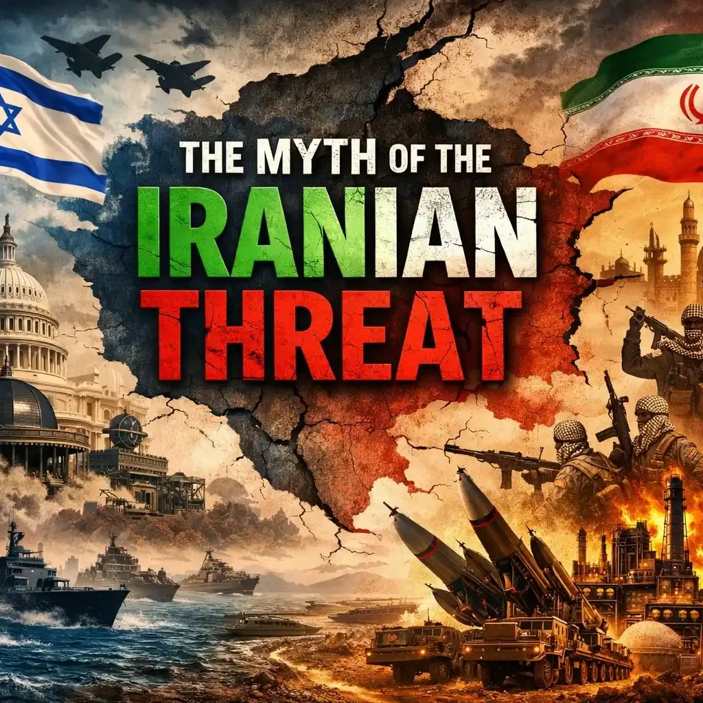 AI Image depicting US and Israel framing Iran as a threat, featuring military assets, missiles, and a divided Middle East map highlighting regional geopolitical tensions