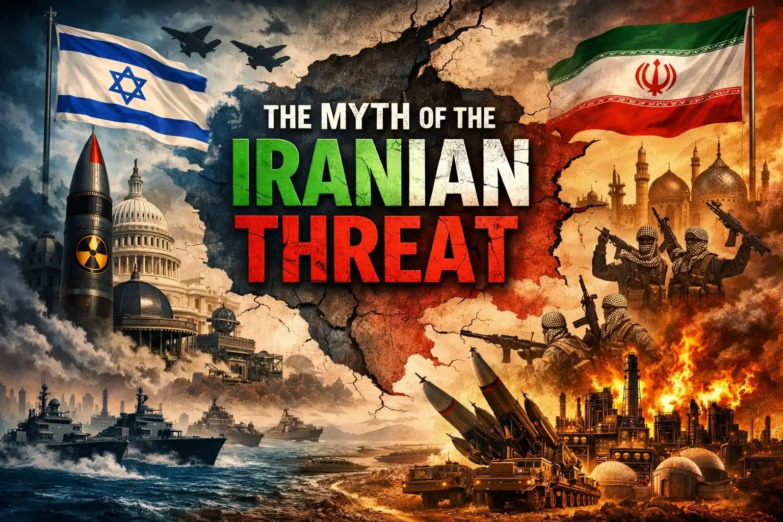AI Image depicting US and Israel framing Iran as a threat, featuring military assets, missiles, and a divided Middle East map highlighting regional geopolitical tensions