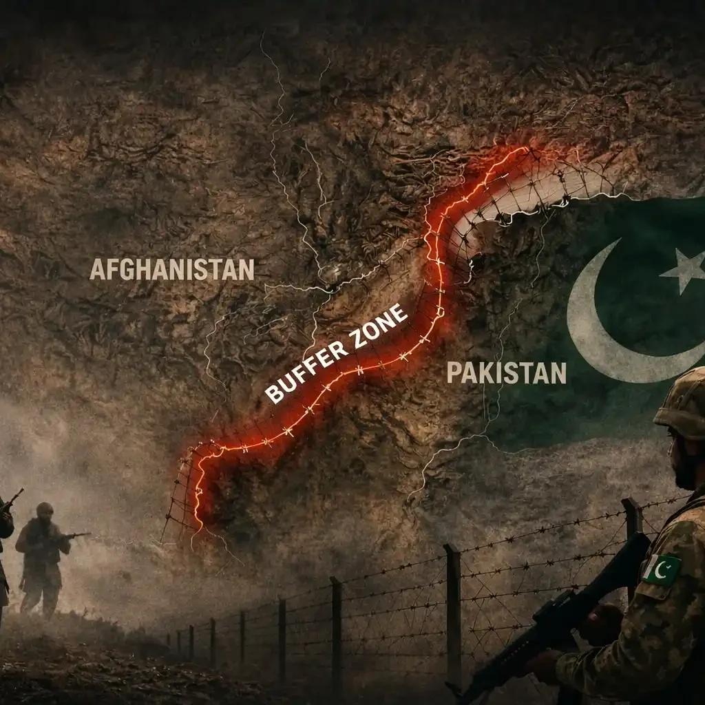 Pakistan-Afghanistan border buffer zone concept illustration showing security fencing, Pakistani soldier on patrol, and militant silhouettes across rugged terrain highlighting counterterrorism strategy along the frontier